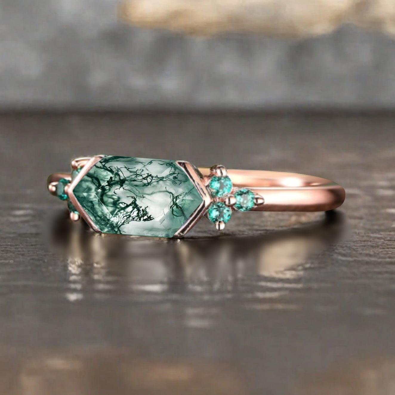Vintage Moss Agate Hexagon Engagement Ring Cluster Emerald Ring Bezel Setting Ring 14K Yellow Gold Ring Promise Ring Gift