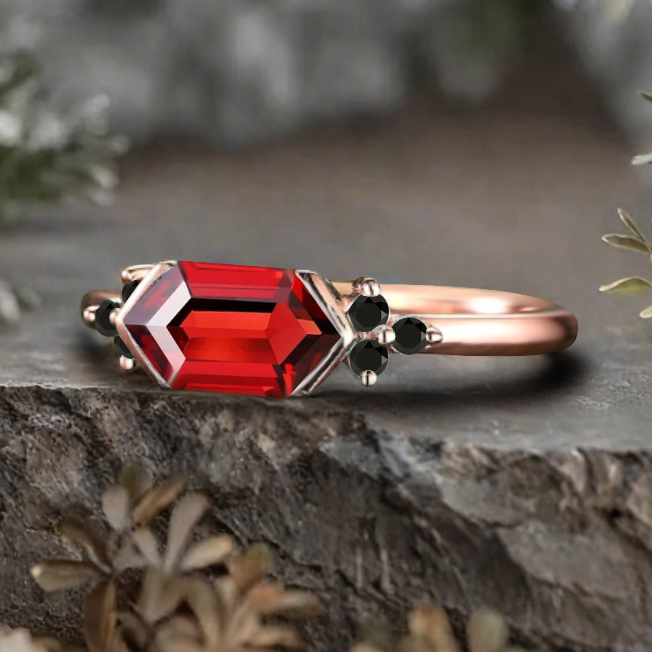 Vintage Ruby Hexagon Engagement Ring Cluster Black Onyx Ring Bezel Setting Ring 14K Yellow Gold Ring Promise Ring Gift
