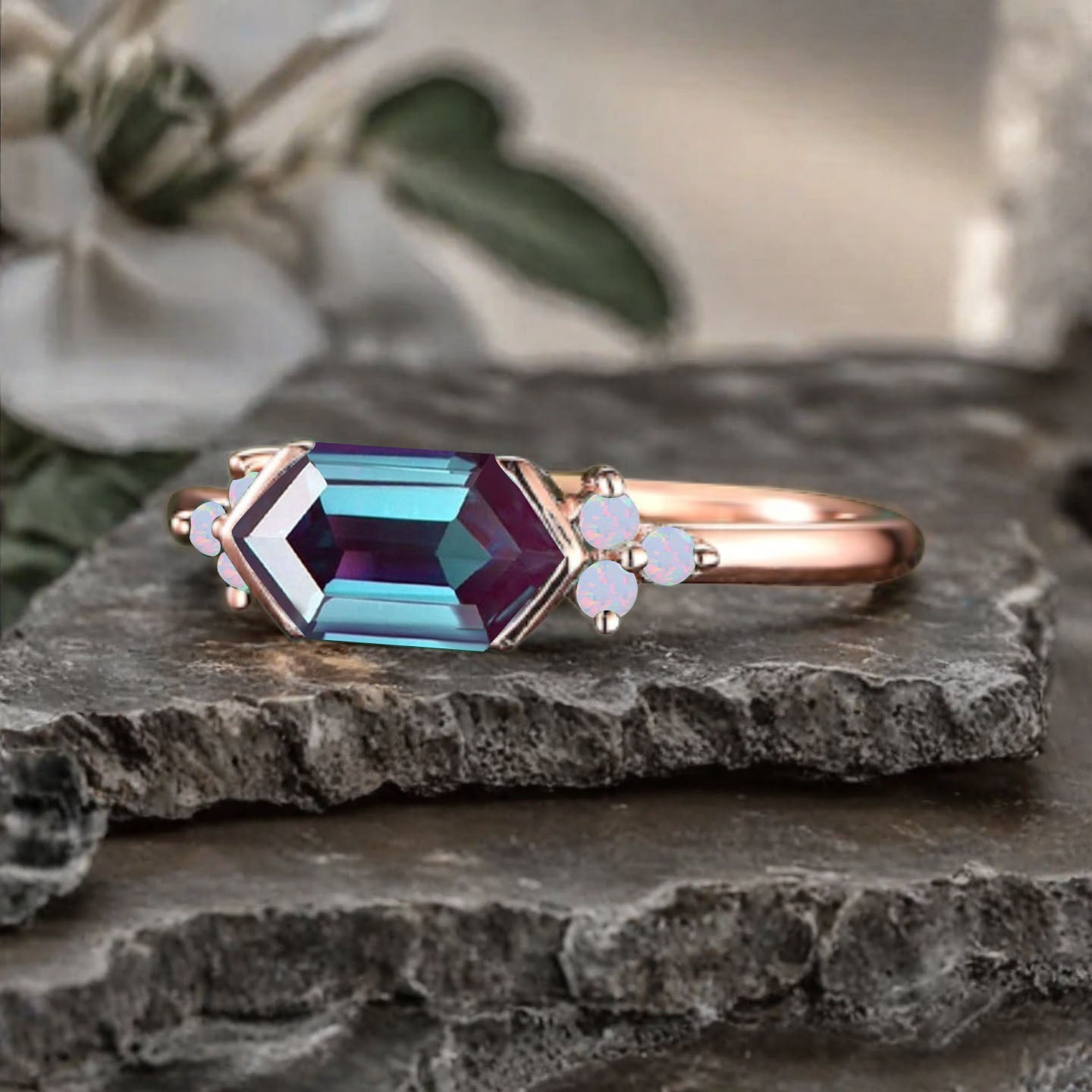 Vintage Alexandrite Hexagon Engagement Ring Cluster Opal Ring Bezel Setting Ring 14K Yellow Gold Ring Promise Ring Gift