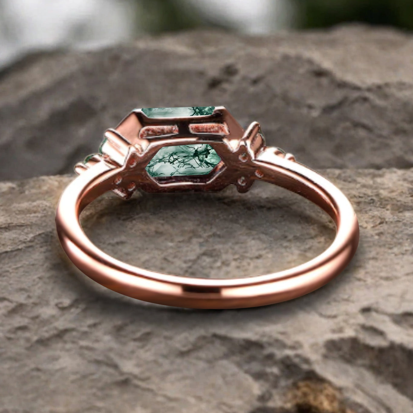 Vintage Moss Agate Hexagon Engagement Ring Cluster Emerald Ring Bezel Setting Ring 14K Yellow Gold Ring Promise Ring Gift