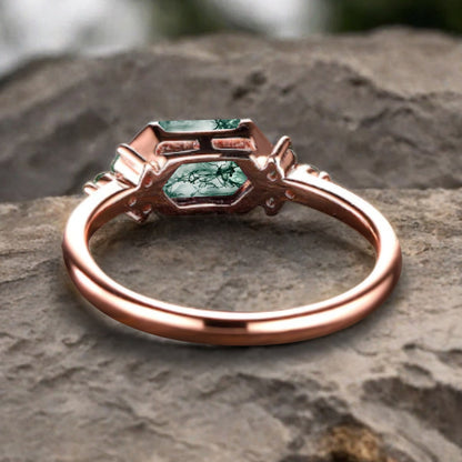 Vintage Moss Agate Hexagon Engagement Ring Cluster Emerald Ring Bezel Setting Ring 14K Yellow Gold Ring Promise Ring Gift