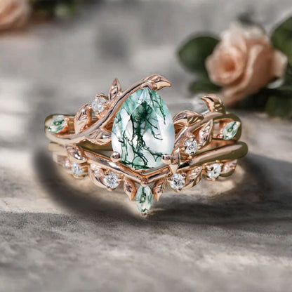 Unique Pear Cut Moss Agate Engagement Women Ring Vintage Rose Gold Art Deco Cluster Leaf Nature Inspired Moss Agate Bridal Wedding Ring Set