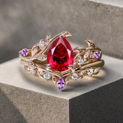 Unique Pear Cut Ruby Engagement Women Ring Vintage Rose Gold Art Deco Cluster Leaf Nature Inspired Amethyst Bridal Wedding Ring Set