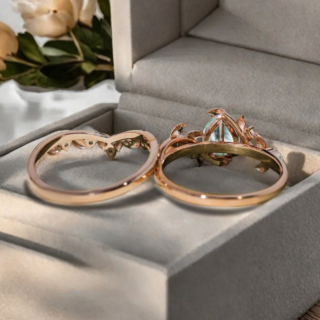 Unique Pear Cut Moss Agate Engagement Women Ring Vintage Rose Gold Art Deco Cluster Leaf Nature Inspired Moss Agate Bridal Wedding Ring Set