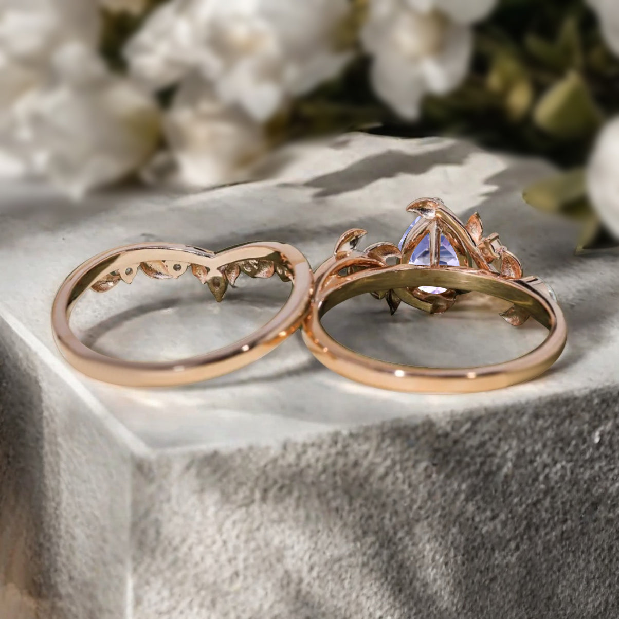 Unique Pear Cut Amethyst Engagement Women Ring Vintage Rose Gold Art Deco Cluster Leaf Nature Inspired Moss Agate Bridal Wedding Ring Set