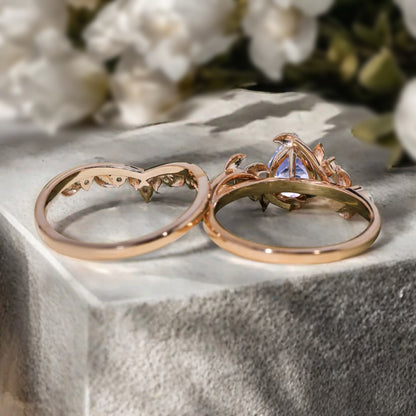 Unique Pear Cut Amethyst Engagement Women Ring Vintage Rose Gold Art Deco Cluster Leaf Nature Inspired Moss Agate Bridal Wedding Ring Set
