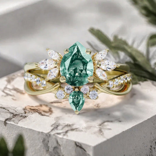 Vintage Moss Agate Engagement Ring Set Women Unique Rose Gold Pear Shaped Cluster Ring Green Agate Wedding Ring Bridal Anniversary Gift Ring