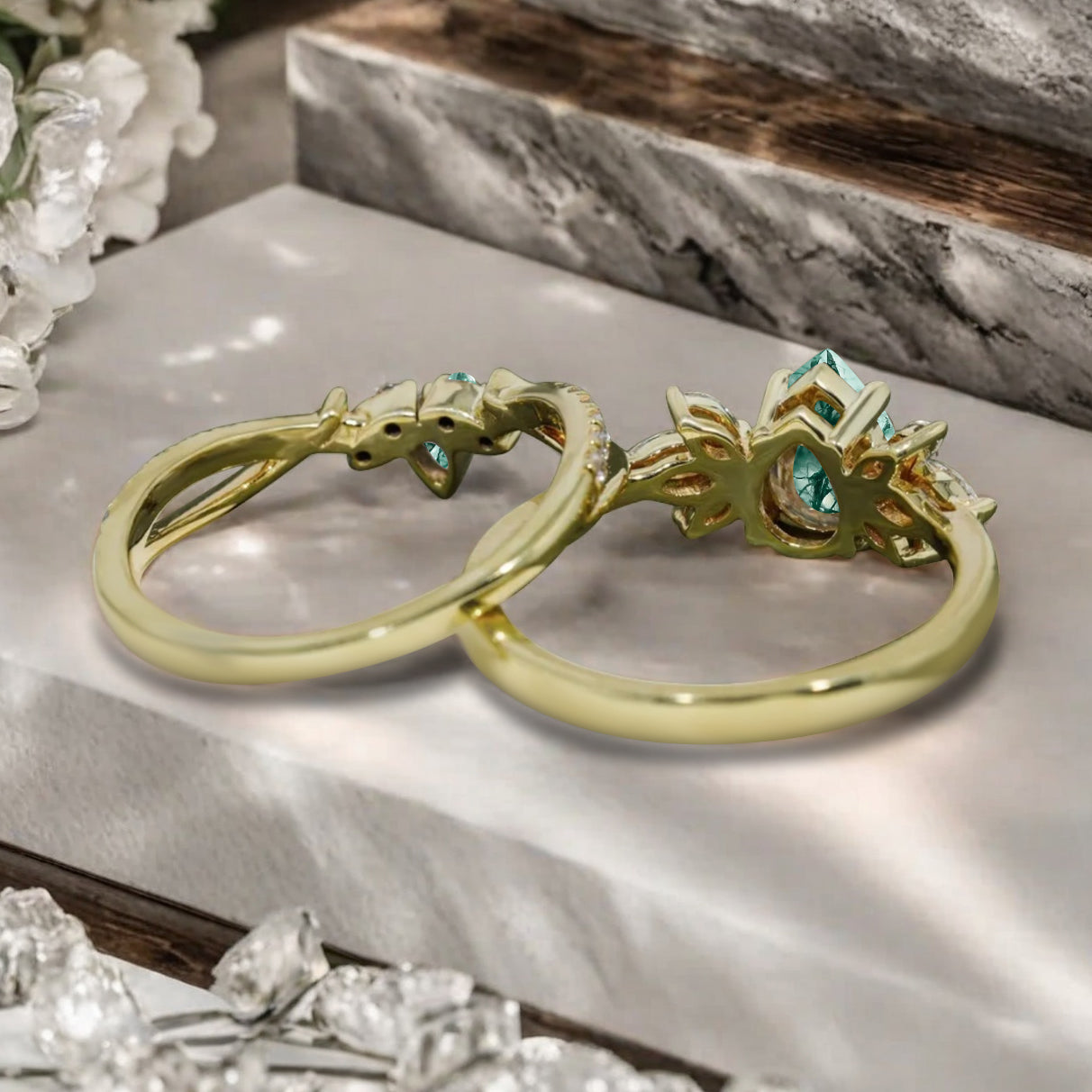 Vintage Moss Agate Engagement Ring Set Women Unique Rose Gold Pear Shaped Cluster Ring Green Agate Wedding Ring Bridal Anniversary Gift Ring