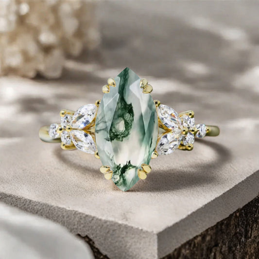 Marquise cut Moss Agate Engagement ring set Vintage Rose Gold Cluster Marquise cut Diamond Bridal set Promise Anniversary Ring Set Women