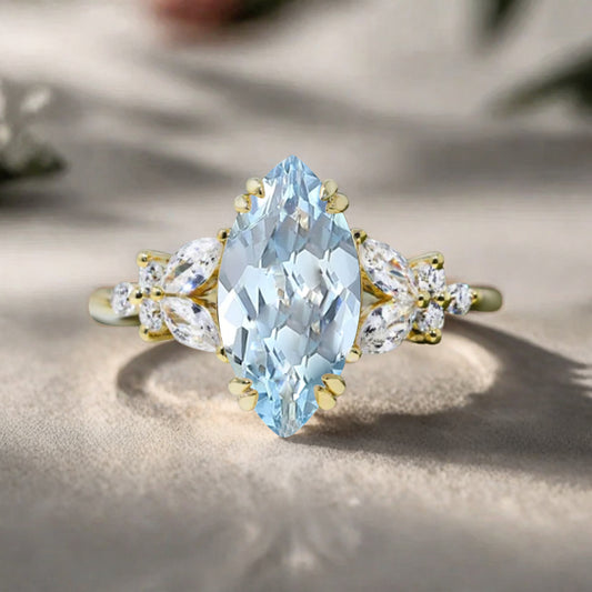 Marquise cut Aquamarine Engagement ring set Vintage Rose Gold Cluster Marquise cut Diamond Bridal set Promise Anniversary Ring Set Women