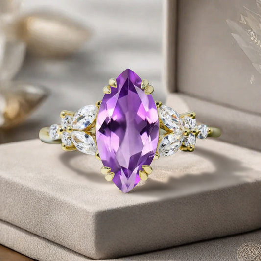 Marquise cut Amethyst Engagement ring set Vintage Rose Gold Cluster Marquise cut Diamond Bridal set Promise Anniversary Ring Set Women