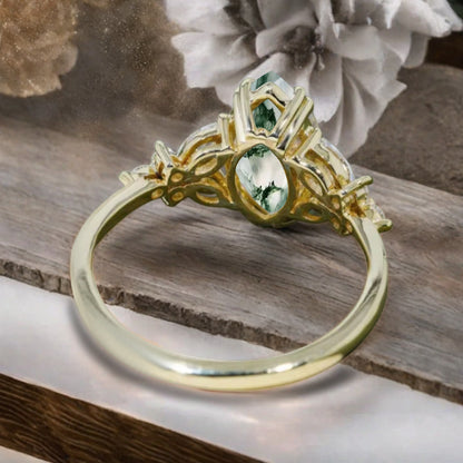 Marquise cut Moss Agate Engagement ring set Vintage Rose Gold Cluster Marquise cut Diamond Bridal set Promise Anniversary Ring Set Women