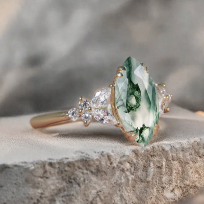 Marquise cut Moss Agate Engagement ring set Vintage Rose Gold Cluster Marquise cut Diamond Bridal set Promise Anniversary Ring Set Women