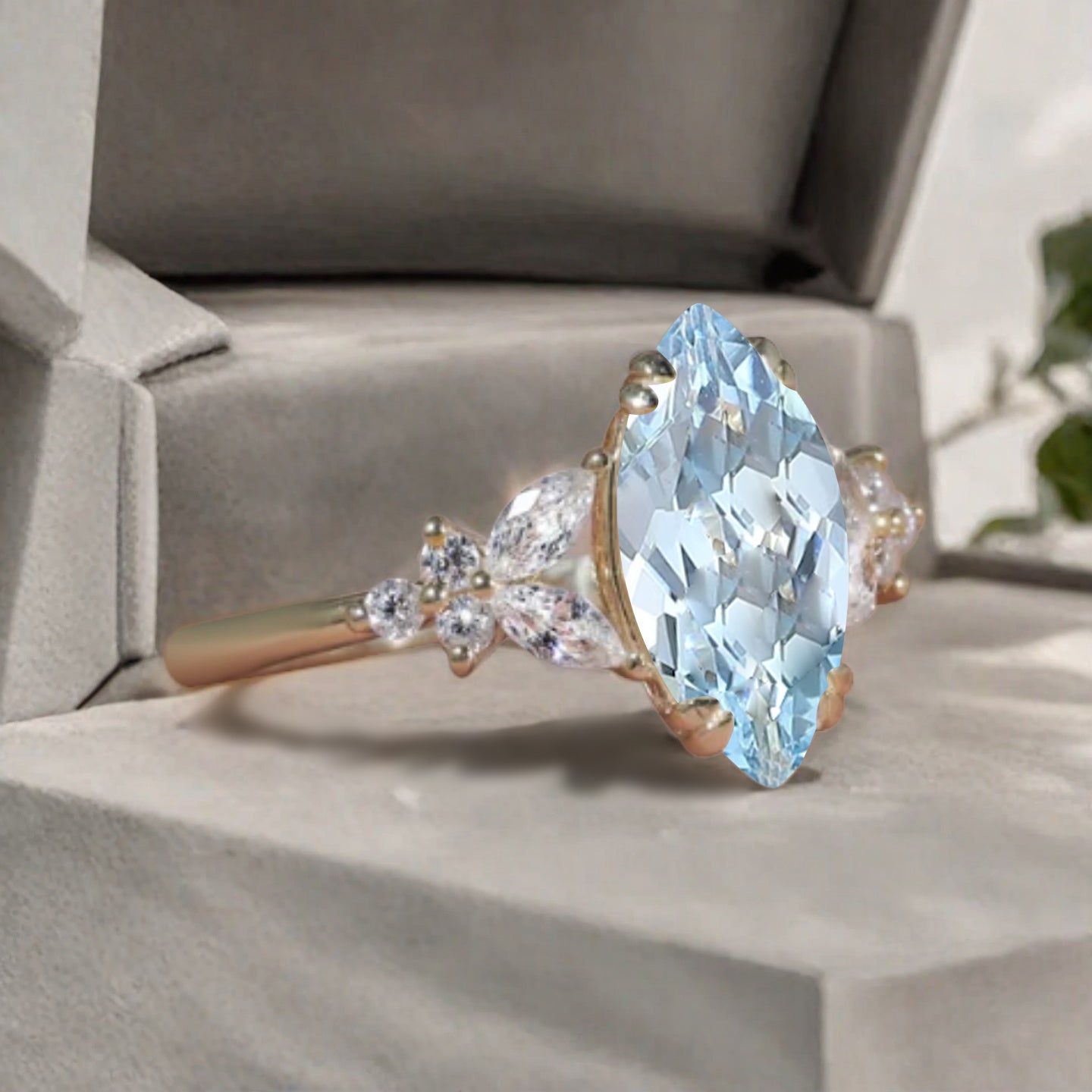 Marquise cut Aquamarine Engagement ring set Vintage Rose Gold Cluster Marquise cut Diamond Bridal set Promise Anniversary Ring Set Women