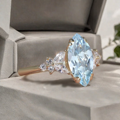 Marquise cut Aquamarine Engagement ring set Vintage Rose Gold Cluster Marquise cut Diamond Bridal set Promise Anniversary Ring Set Women