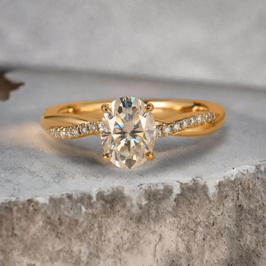 Oval Cut Petite Twist Vine Moissanite Engagement Ring 14k Yellow Gold Art Nouveau inspired with pave moissanite accents ideal for women
