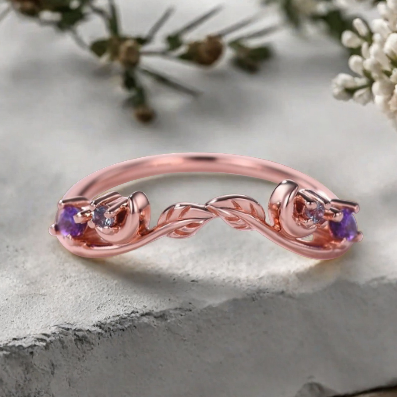 Unique Amethyst Curved wedding band vintage rose gold wedding band women Chevron band Stacking Matching band Promise Anniversary ring
