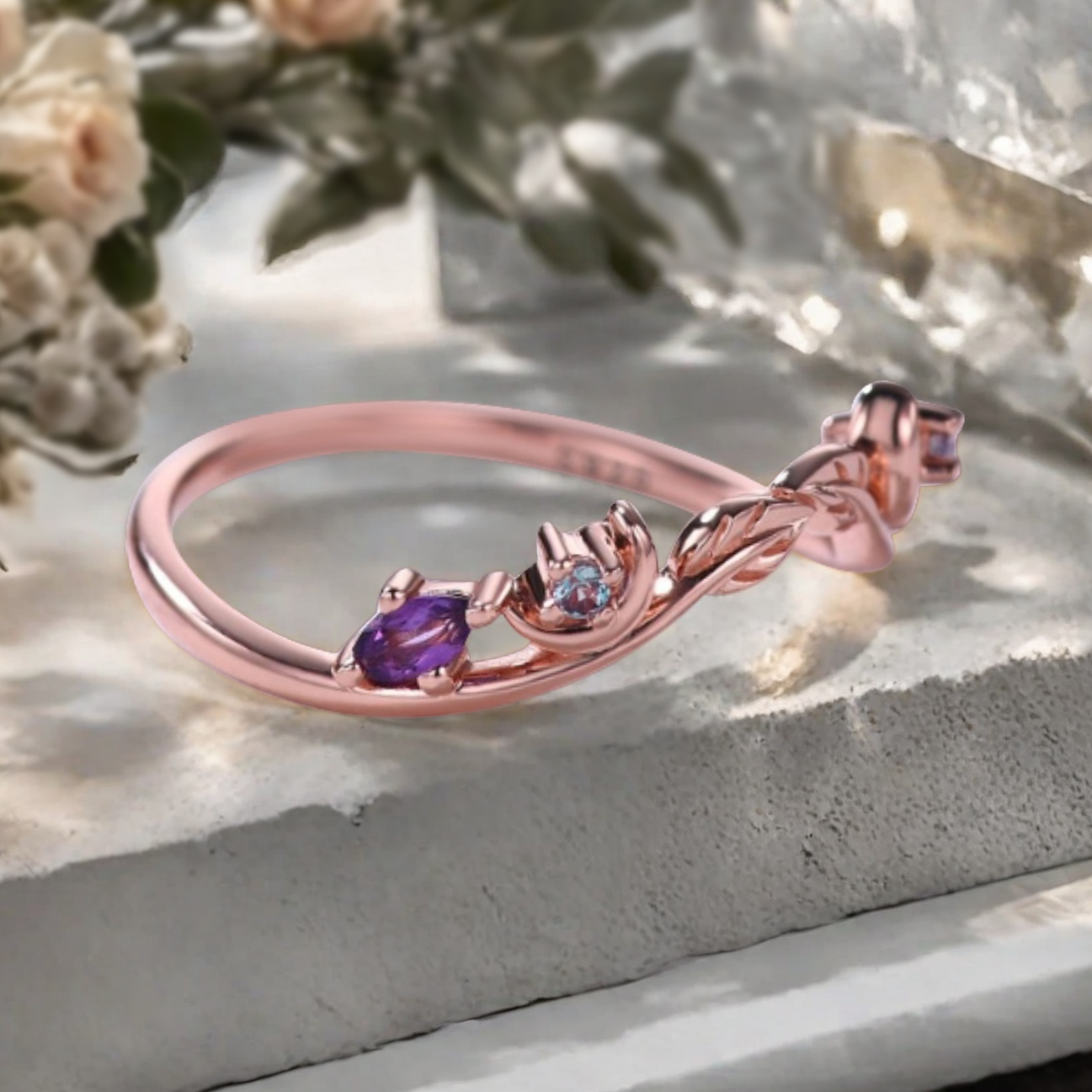 Unique Amethyst Curved wedding band vintage rose gold wedding band women Chevron band Stacking Matching band Promise Anniversary ring