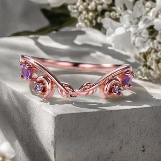Unique Amethyst Curved wedding band vintage rose gold wedding band women Chevron band Stacking Matching band Promise Anniversary ring