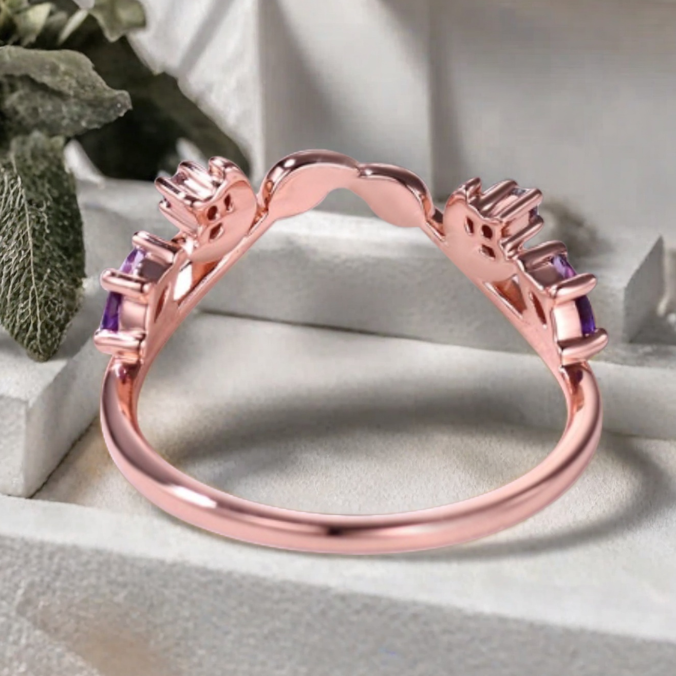 Unique Amethyst Curved wedding band vintage rose gold wedding band women Chevron band Stacking Matching band Promise Anniversary ring