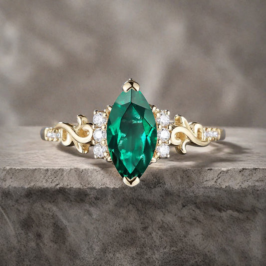 Art Deco Emerald Engagement Ring Marquise Shape Green Agate Ring Unique Emerald Moissanite Cluster Wedding Ring Vintage Ring For Her