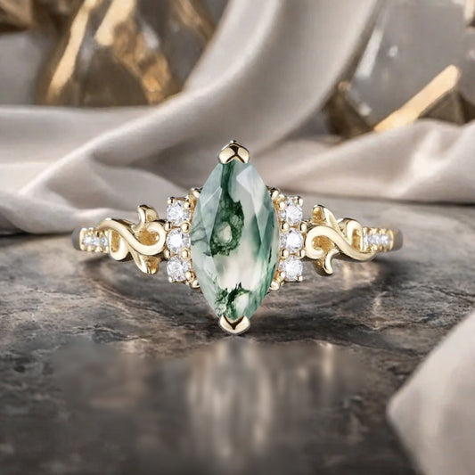 Art Deco Moss Agate Engagement Ring Marquise Shape Green Agate Ring Unique Moss Agate Moissanite Cluster Wedding Ring Vintage Ring For Her