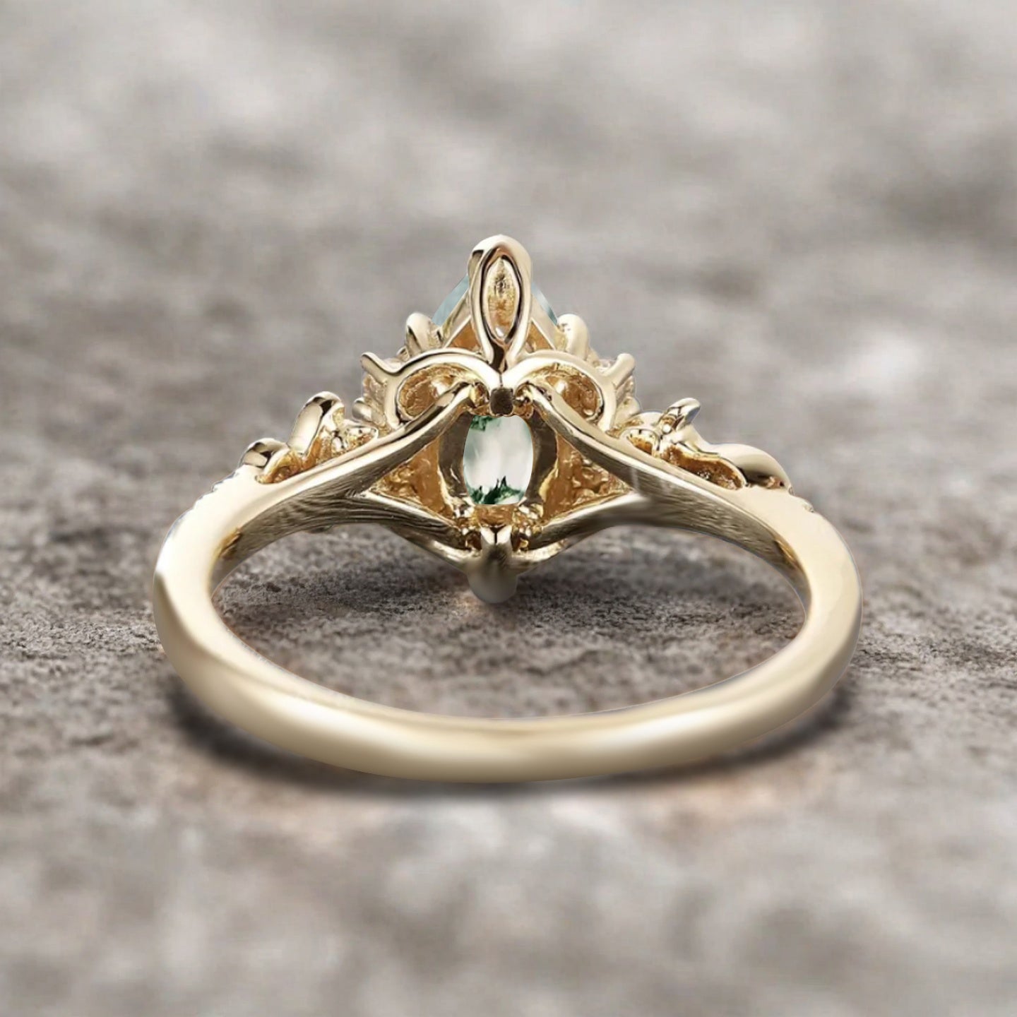 Art Deco Moss Agate Engagement Ring Marquise Shape Green Agate Ring Unique Moss Agate Moissanite Cluster Wedding Ring Vintage Ring For Her