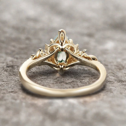 Art Deco Moss Agate Engagement Ring Marquise Shape Green Agate Ring Unique Moss Agate Moissanite Cluster Wedding Ring Vintage Ring For Her