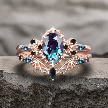 Bague de fiançailles vintage en forme de poire avec aigue-marine, ensemble de bagues de mariage uniques, cadeau d'anniversaire