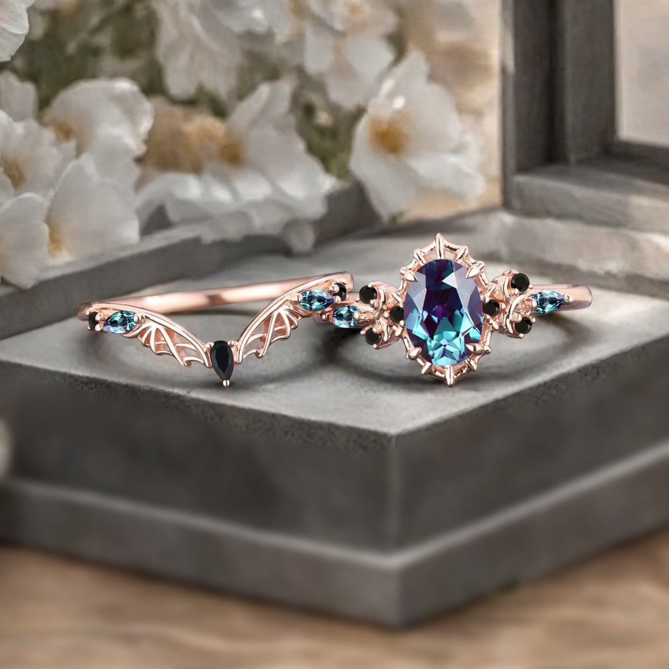Bague de fiançailles vintage en forme de poire avec aigue-marine, ensemble de bagues de mariage uniques, cadeau d'anniversaire