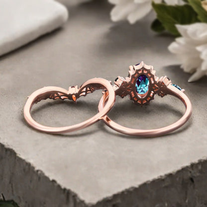 Bague de fiançailles vintage en forme de poire avec aigue-marine, ensemble de bagues de mariage uniques, cadeau d'anniversaire
