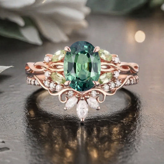 Unique Oval Cut Tsavorite Engagement Ring Set Vintage Rose Gold Art Deco Cluster Peridot Moissanite Bridal Wedding Ring Set Gifts