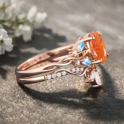 Unique Oval Cut Orange Sunstone Engagement Ring Set Vintage Rose Gold Art Deco Cluster Moonstone Moissanite Bridal Wedding Ring Set Gifts