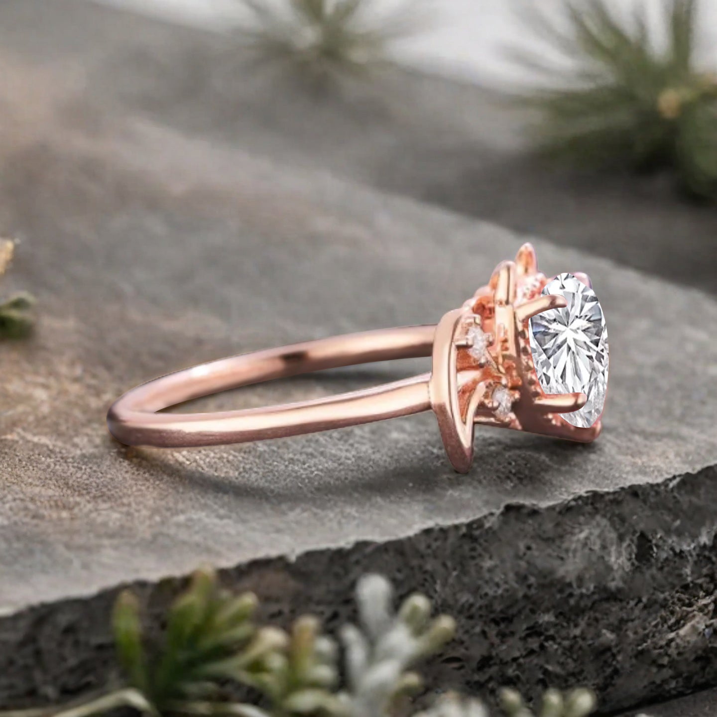 Bague de fiançailles vintage ovale en pierre de lune, bague de promesse unique en opale et moissanite