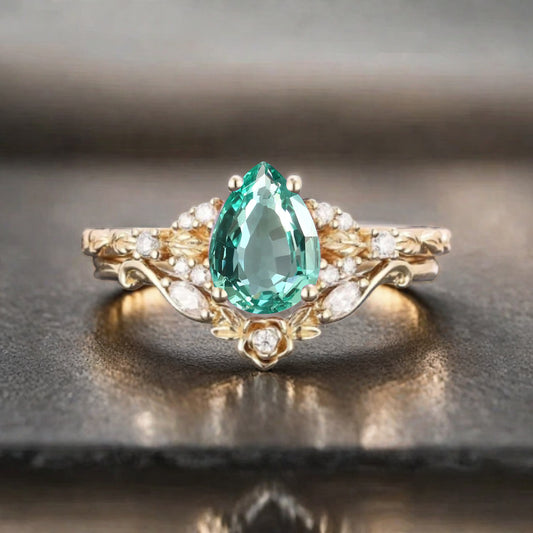 Pear cut Tsavorite engagement ring set rose gold pear cut tsavorite  ring unique moissanite wedding band marquise moissanite band stack set