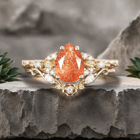 Pear cut sunstone engagement ring set rose gold pear cut sunstone ring unique moissanite wedding band marquise moissanite band stack set