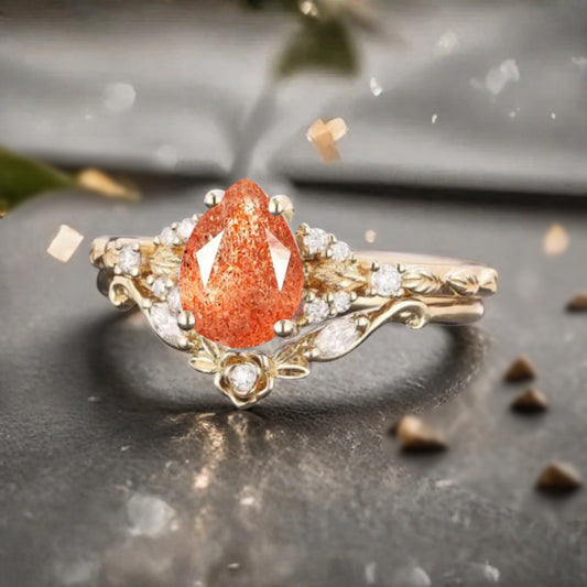 Pear cut sunstone engagement ring set rose gold pear cut sunstone ring unique moissanite wedding band marquise moissanite band stack set