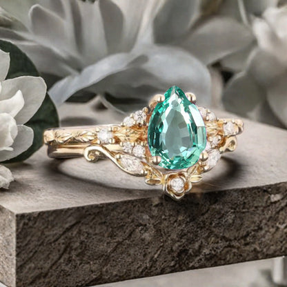 Pear cut Tsavorite engagement ring set rose gold pear cut tsavorite  ring unique moissanite wedding band marquise moissanite band stack set