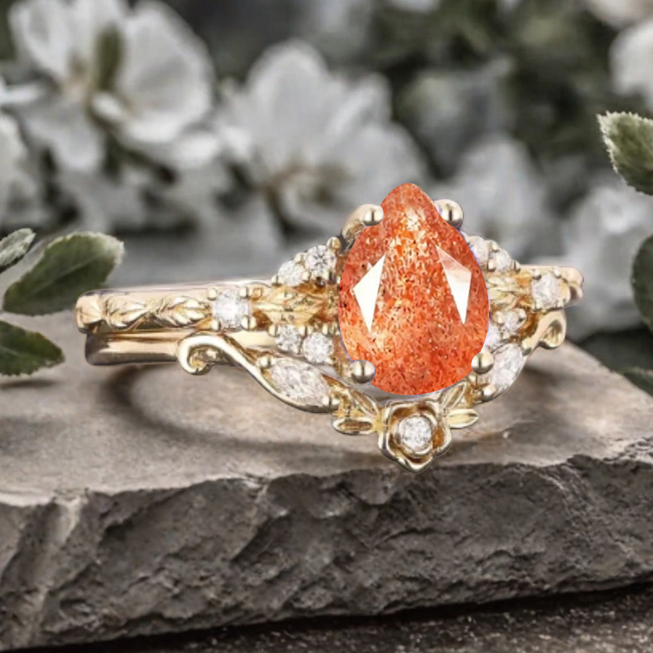 Pear cut sunstone engagement ring set rose gold pear cut sunstone ring unique moissanite wedding band marquise moissanite band stack set