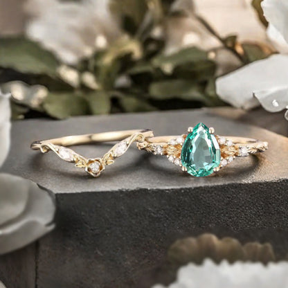 Pear cut Tsavorite engagement ring set rose gold pear cut tsavorite  ring unique moissanite wedding band marquise moissanite band stack set