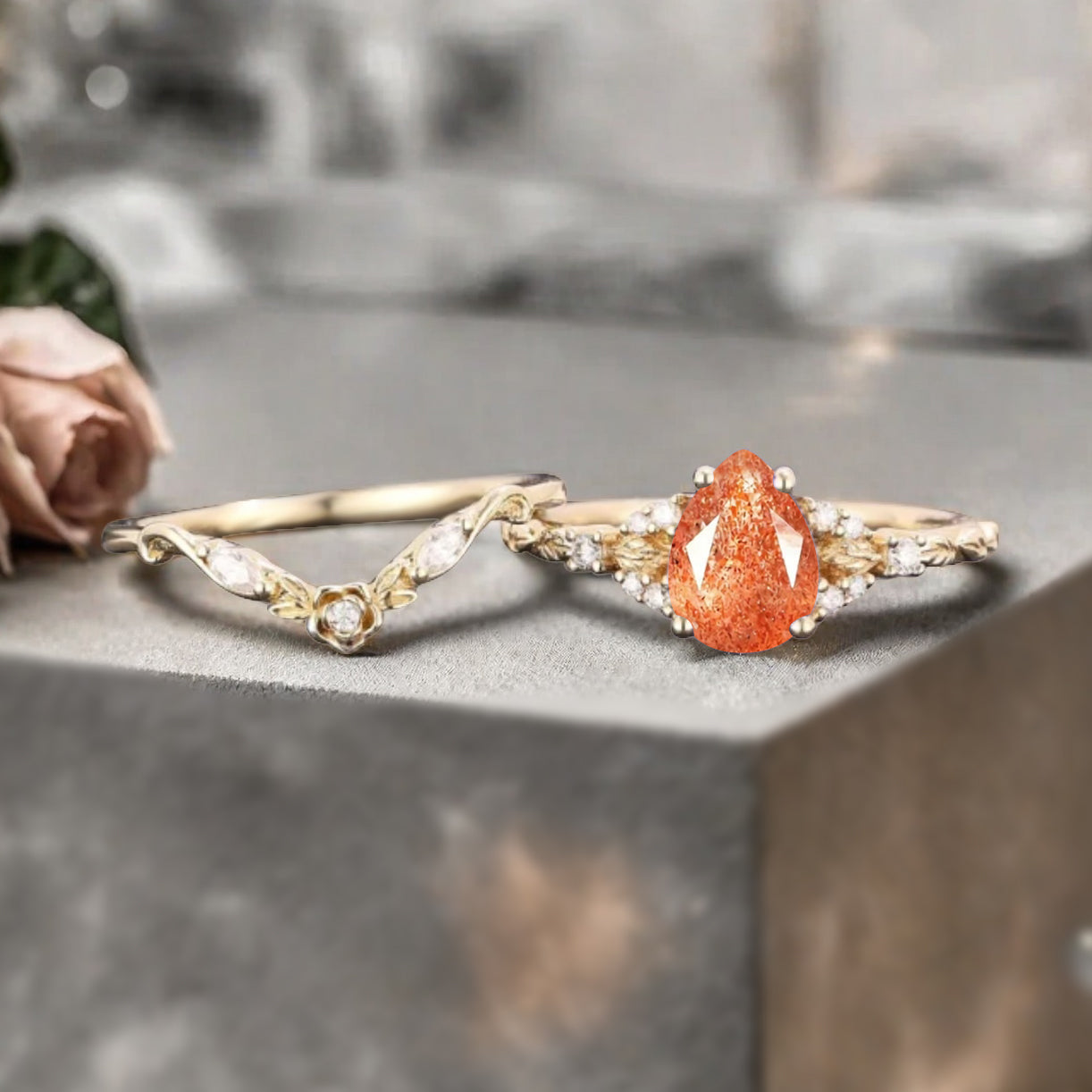 Pear cut sunstone engagement ring set rose gold pear cut sunstone ring unique moissanite wedding band marquise moissanite band stack set