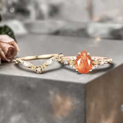 Pear cut sunstone engagement ring set rose gold pear cut sunstone ring unique moissanite wedding band marquise moissanite band stack set