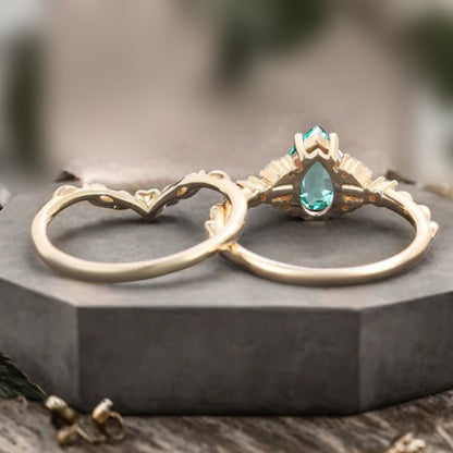 Pear cut Tsavorite engagement ring set rose gold pear cut tsavorite  ring unique moissanite wedding band marquise moissanite band stack set