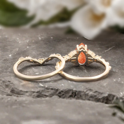 Pear cut sunstone engagement ring set rose gold pear cut sunstone ring unique moissanite wedding band marquise moissanite band stack set