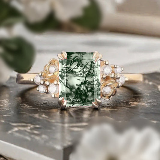 Art Deco Moss Agate Flower Design Gemstone Ring Unique Vintage Emerald Cut Moss Agate Engagement Ring Wedding Promise Ring For Women