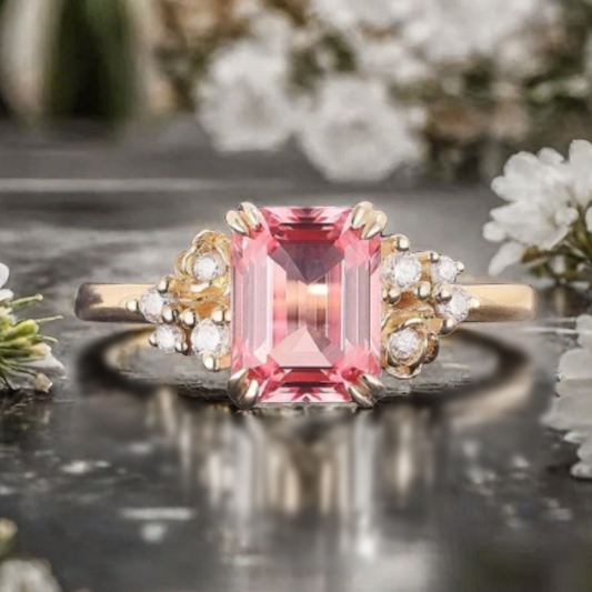 Art Deco Pink Sapphire Flower Design Gemstone Ring Unique Vintage Emerald Cut Pink Sapphire Engagement Ring Wedding Promise Ring For Women