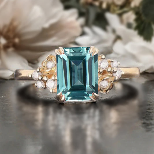 Art Deco Aquamarine Flower Design Gemstone Ring Unique Vintage Emerald Cut Aquamarine Engagement Ring Wedding Promise Ring For Women