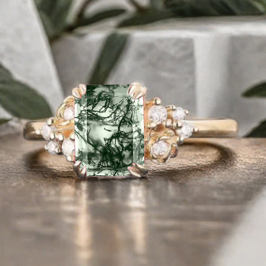 Art Deco Moss Agate Flower Design Gemstone Ring Unique Vintage Emerald Cut Moss Agate Engagement Ring Wedding Promise Ring For Women