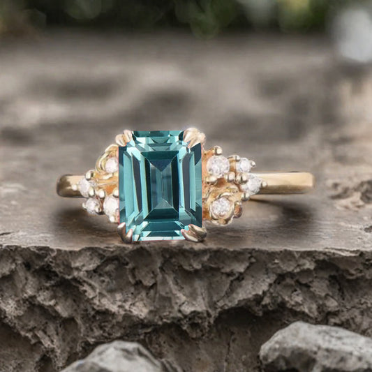 Art Deco Aquamarine Flower Design Gemstone Ring Unique Vintage Emerald Cut Aquamarine Engagement Ring Wedding Promise Ring For Women
