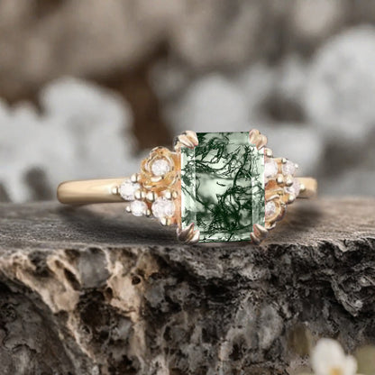 Art Deco Moss Agate Flower Design Gemstone Ring Unique Vintage Emerald Cut Moss Agate Engagement Ring Wedding Promise Ring For Women